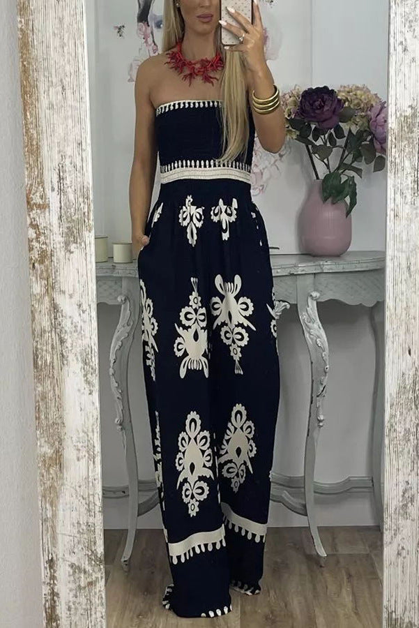 Street Hipster Wrapped Chest Printed Jumpsuit High Waist Pants