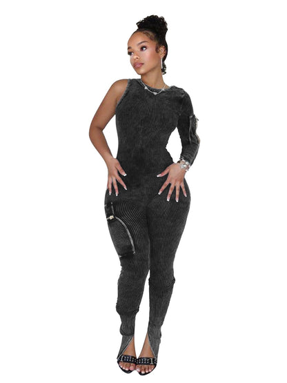 Wear Stretch Cotton Thread Large Pocket Single Sleeve Distressed Tight Jumpsuit