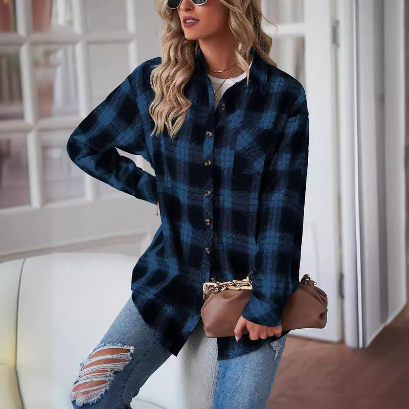 Boyfriend Fit Plaid Collared Blouse