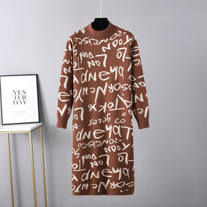 Clothing Autumn Winter Knitted Pullover Long Sleeve Letter Graphic Graffiti Sweater Dress