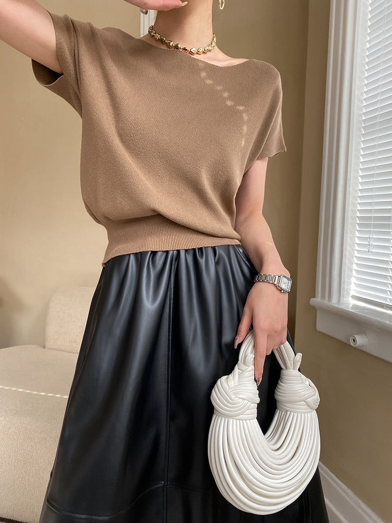 French Simplicity Raglan Sleeve Short Sleeved Sweater Top Bottoming Shirt Early Spring
