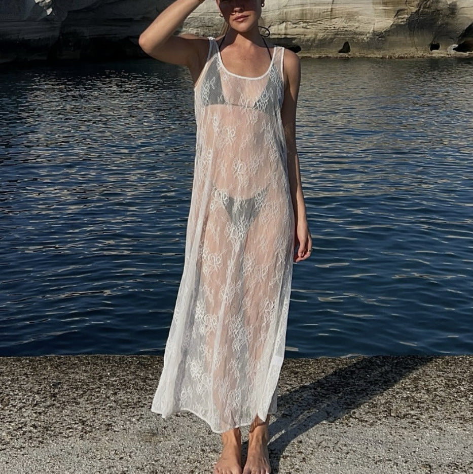 Spring Summer Clothing See Through Hollow Out Cutout Lace Blouse Dress