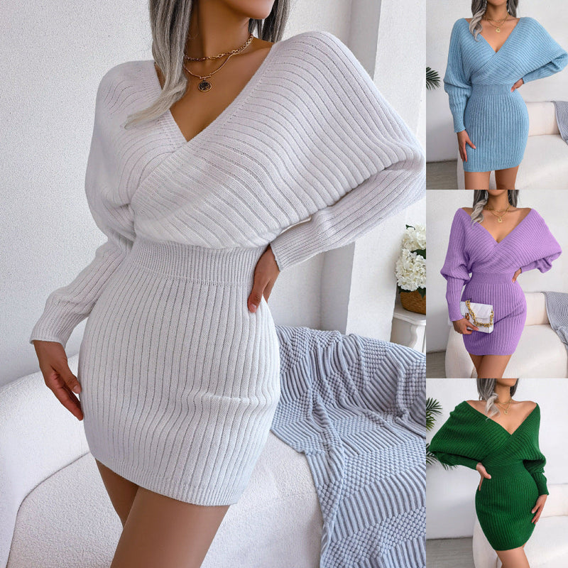 Cross V-neck Bat Skirt Hip Dress Sweater Dress