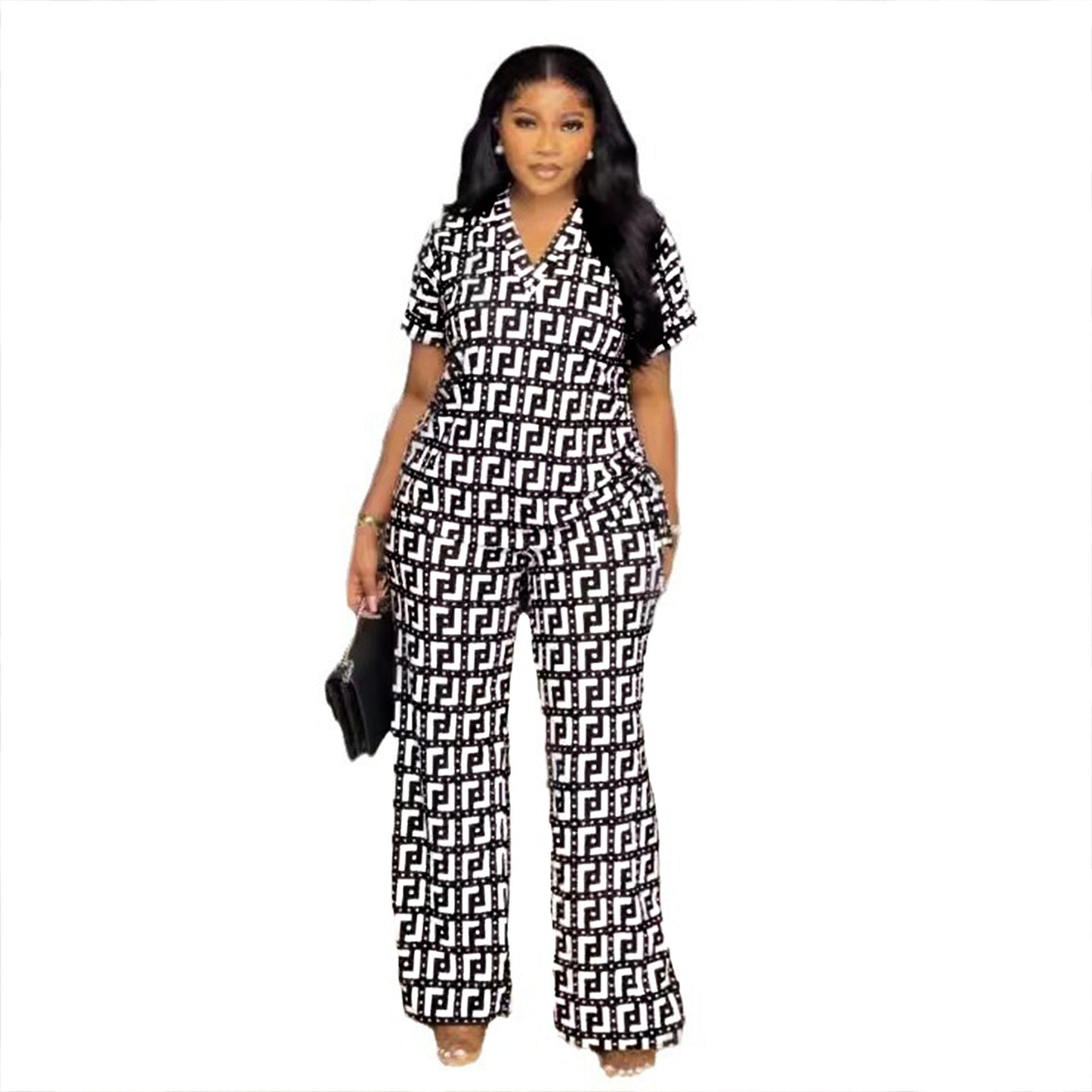 Printed V Neck Pleating Wide Leg Pants Two Piece Set