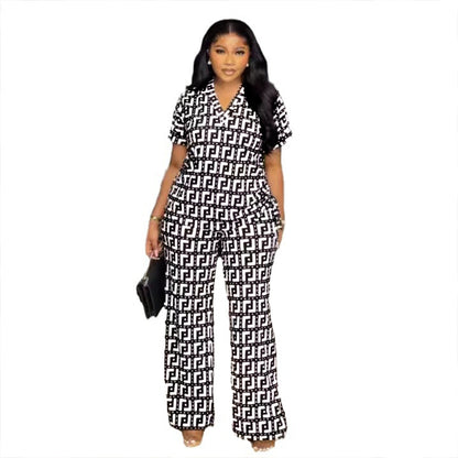 Printed V Neck Pleating Wide Leg Pants Two Piece Set
