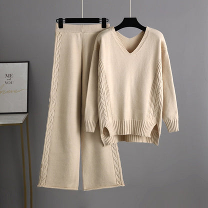 Knitted Wide Leg Pants Sweater Suit for Autumn Korean Loose Thick Twet