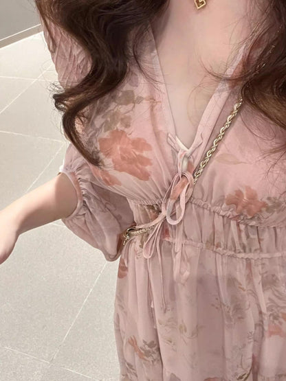 French Pink Long Sleeve Maxi Dress V-neck Fairycore Gown Gunne Sax Dress