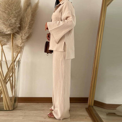 Clothing Autumn Champray Long Sleeve Shirt High Waist Wide Leg Pants Set