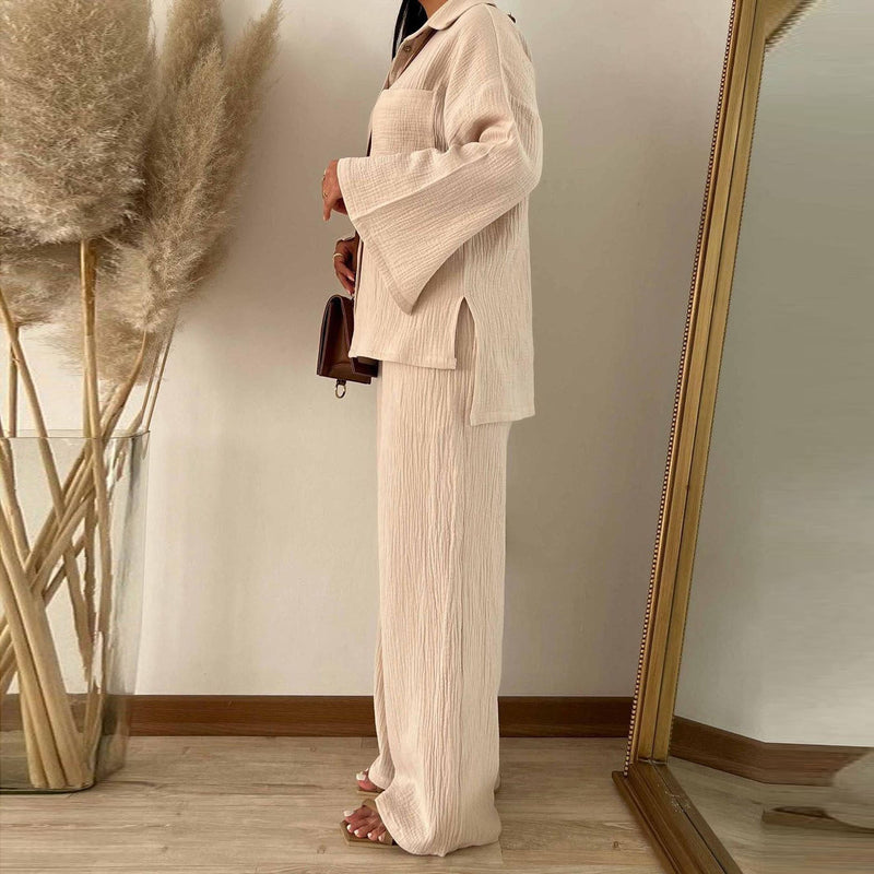 Clothing Autumn Champray Long Sleeve Shirt High Waist Wide Leg Pants Set