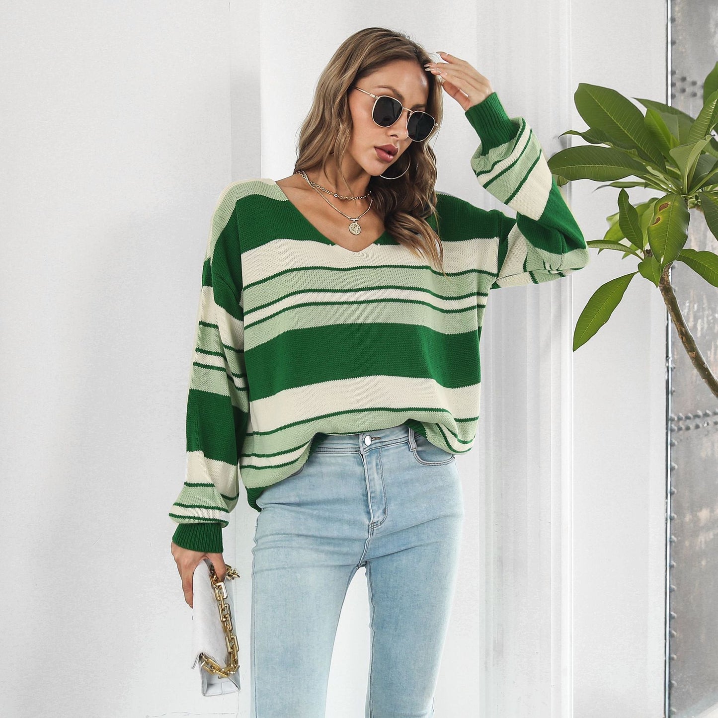 Striped Gradient Color V Neck Long Sleeved Loose Autumn Winter Knitwear Sweater