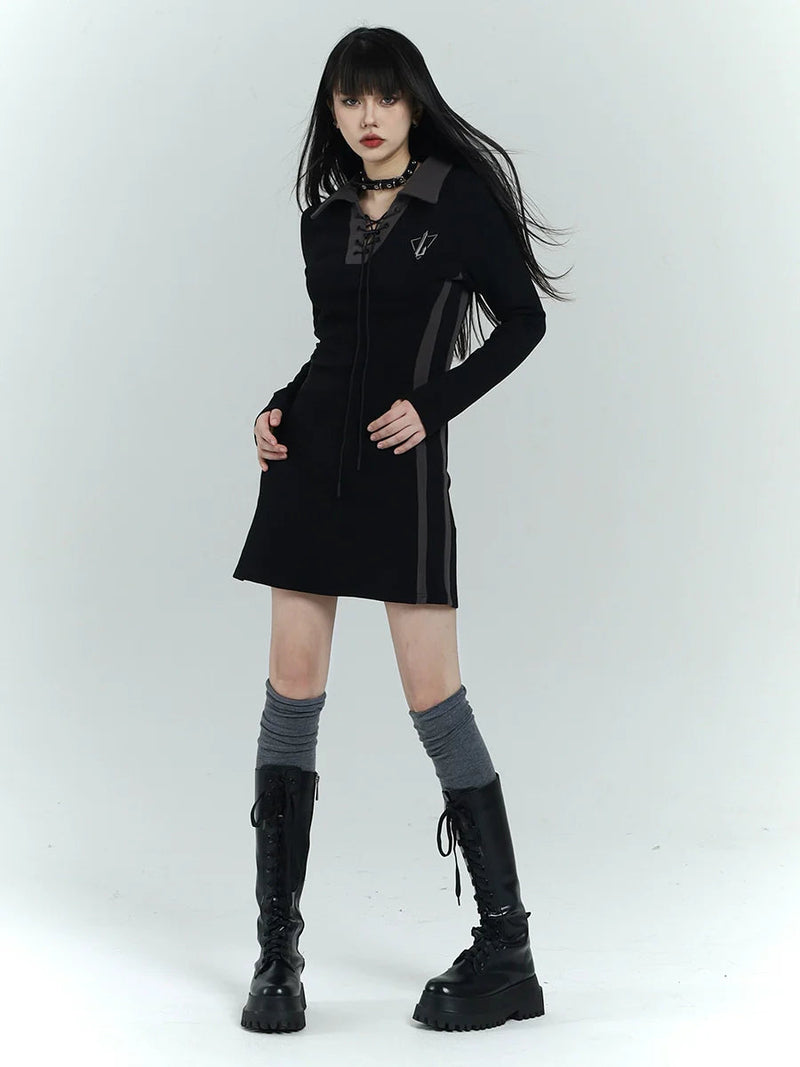 Lace-up Collar Mini Dress