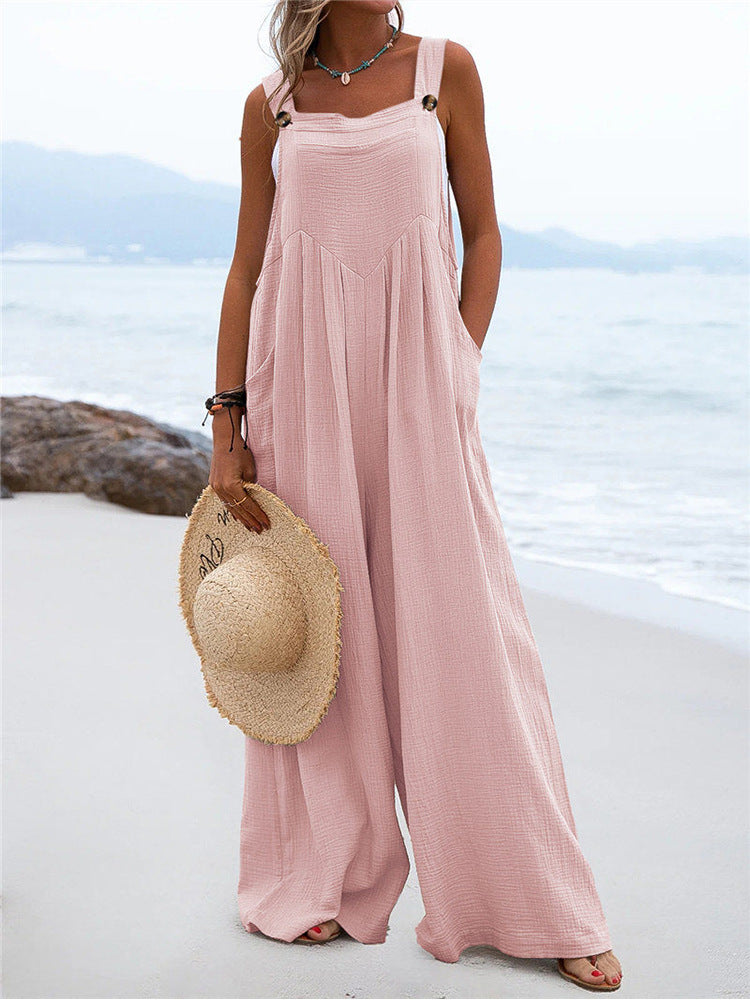 Summer New National Color Buttons Sling Wide Leg Trousers Jumpsuit