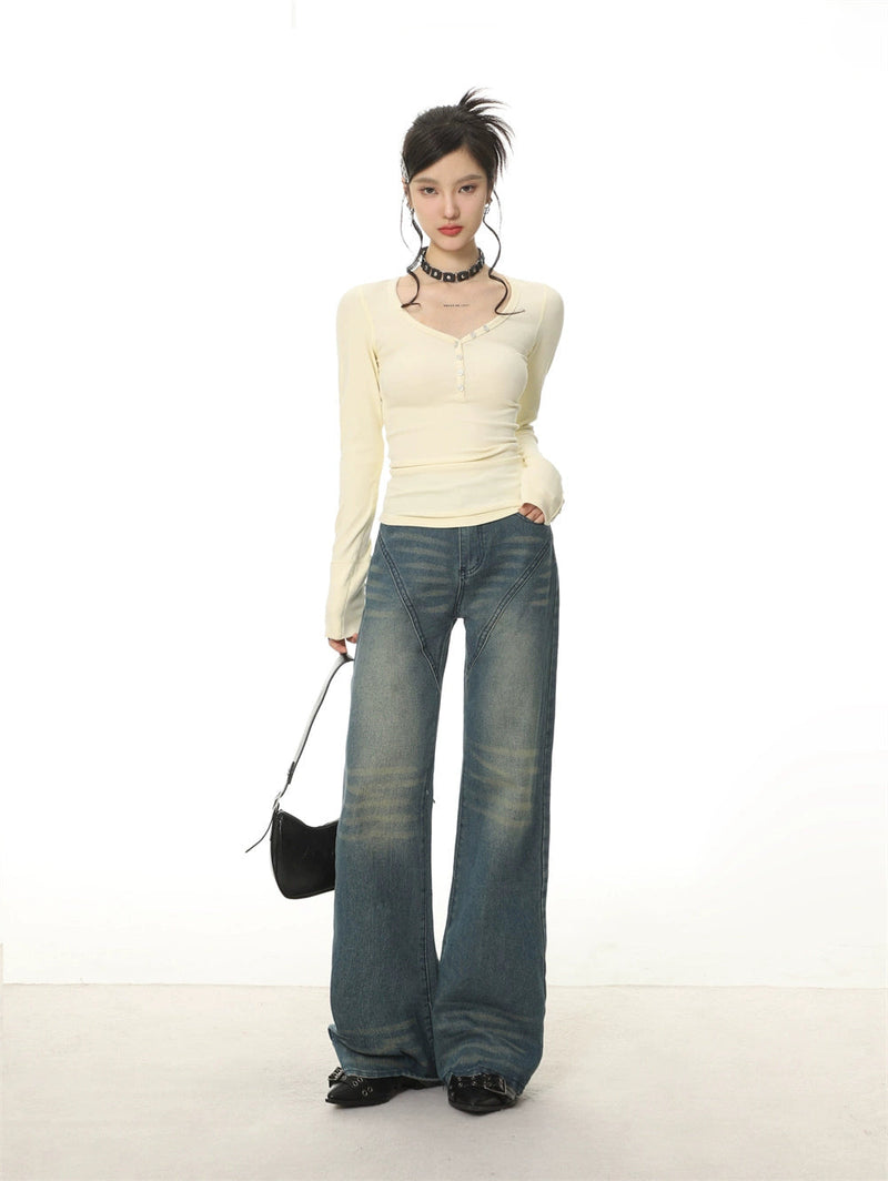 Button V-neck Long Sleeve Regular Shoulder T-shirt