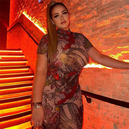 Summer Clothing Backless Printed Sheer Mesh Jumpsuit for