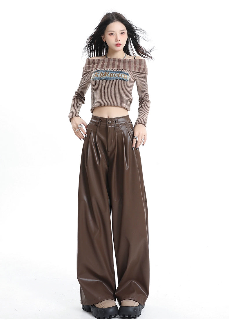 Coffee Wide-leg Pu Leather Pants