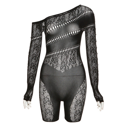 Clothing Autumn Winter Clothing Shoulder Jacquard Long Sleeve Fishnet Clothes Skinny Romper