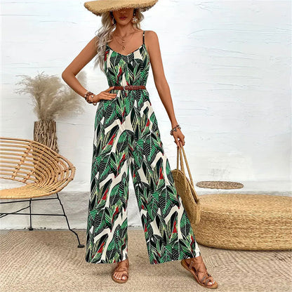 Clothing Printed Suspender Wide Leg Pants Draping Effect Trousers Suspender No Belt Jumpsuit