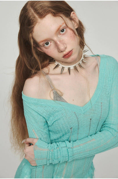 Hollow-out V-neck Thin Cardigan With Distressed Waist Knit Top