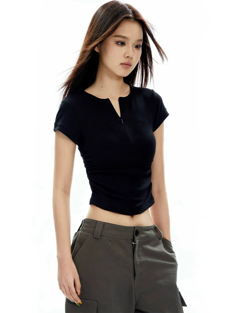 White Cropped T-shirt With Center Ruching