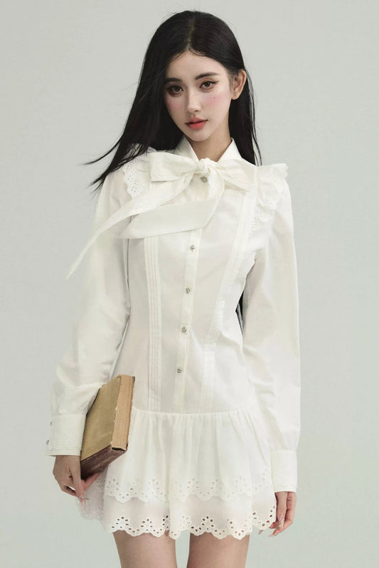 Romantic White Lace Mini Dress With Bow Tie Collar and Scalloped Hem