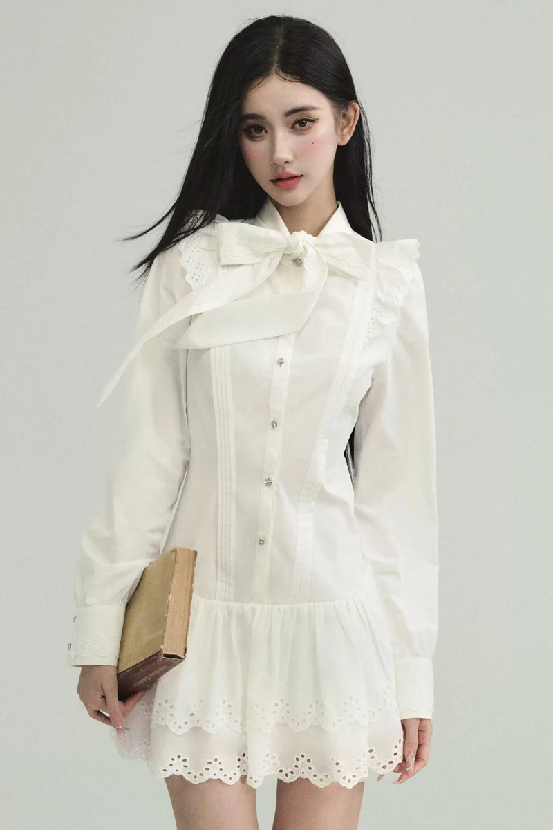 Romantic White Lace Mini Dress With Bow Tie Collar and Scalloped Hem