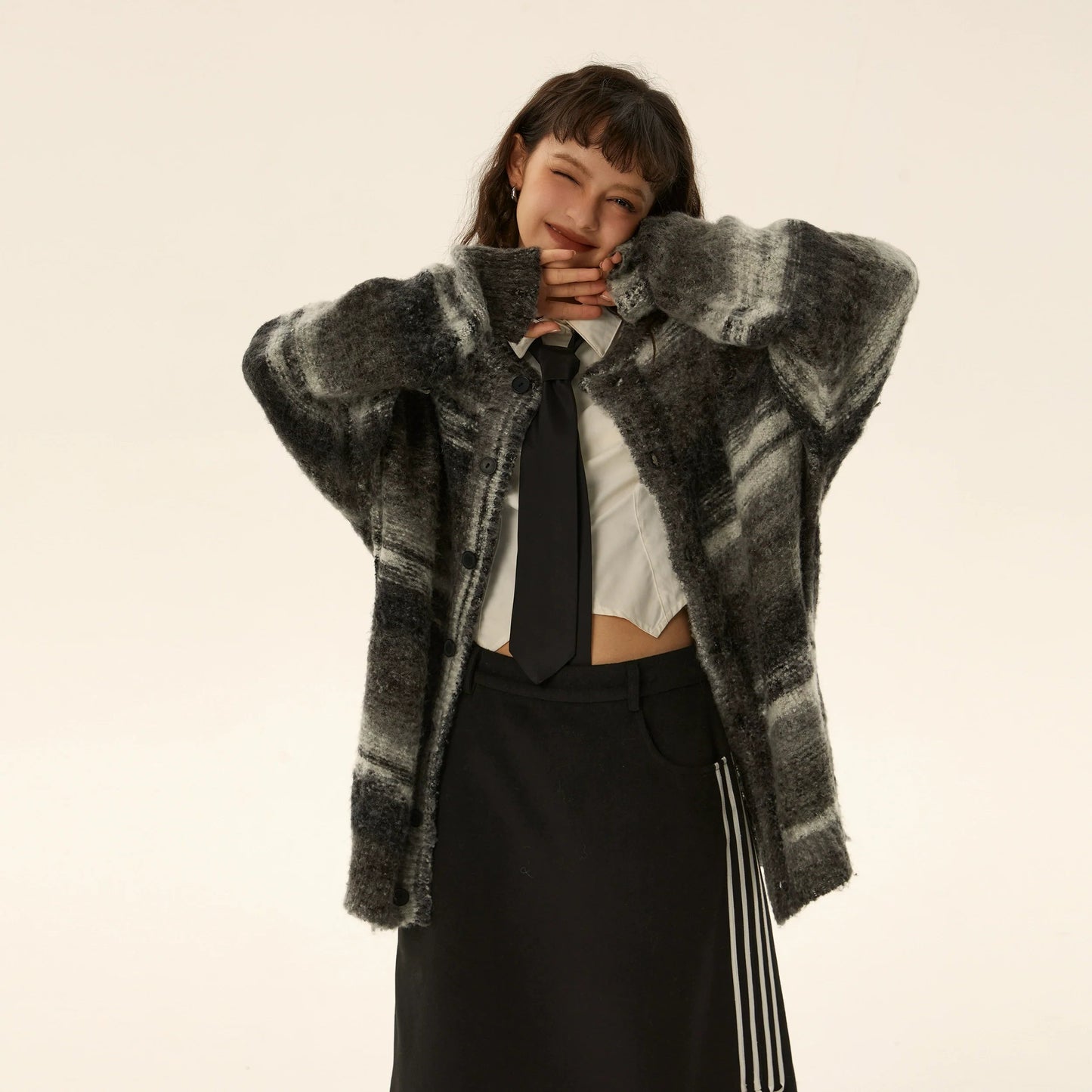 Oversized Fuzzy Striped Button-up Cardigan