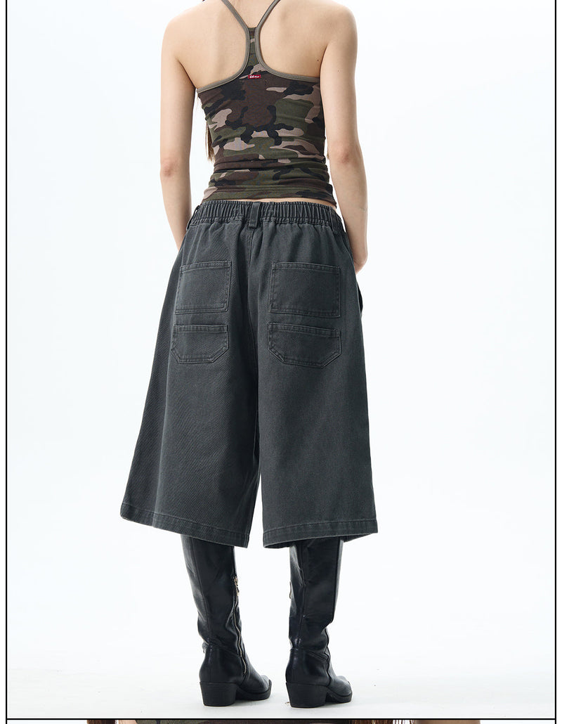 Khaki Wide-leg Cargo Shorts