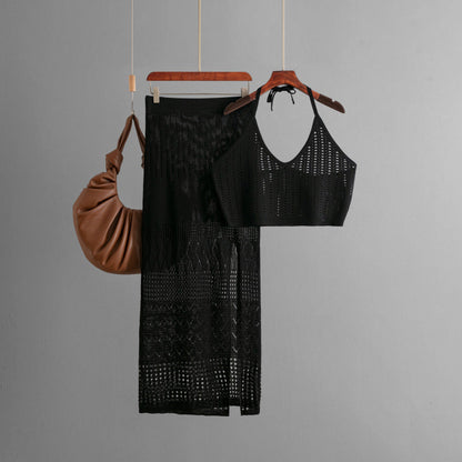 Clothes Short Summer Vest Top Two Piece High Waist Slimming Hollow Out Cutout Split Hip Skirt