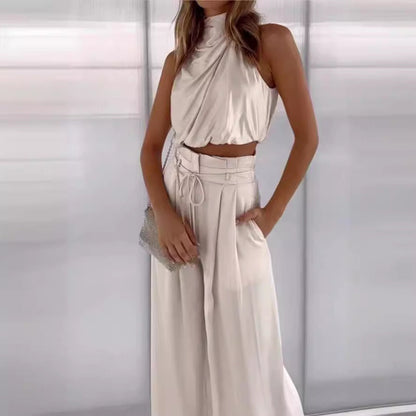 Sleeveless Collar Two Piece Sets Wide Leg Pants Summer Cropped Top
