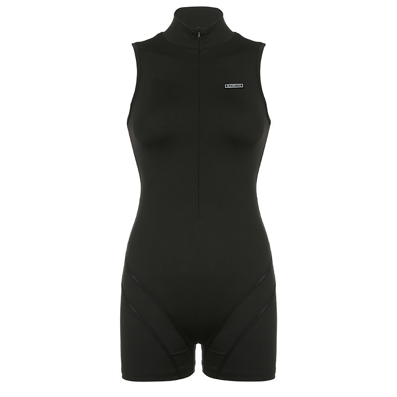 Clothing Summer Sleeveless Half Turtleneck Invisible Zipper Sports Jumpsuit Shorts