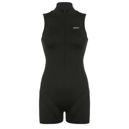Clothing Summer Sleeveless Half Turtleneck Invisible Zipper Sports Jumpsuit Shorts