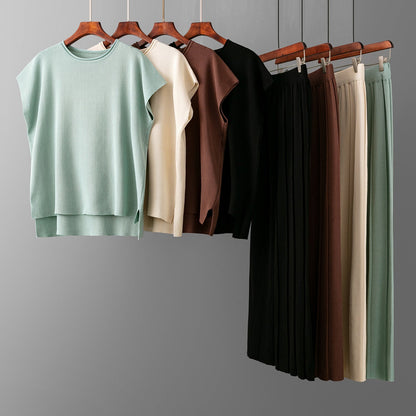 Summer Color Sleeveless Vest Sweater Wide Leg Pants Ice Silk Sets
