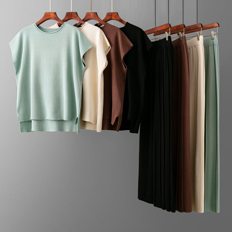 Summer Color Sleeveless Vest Sweater Wide Leg Pants Ice Silk Sets