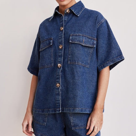 Retro Loose Pockets Short Sleeved Shirt Shorts Denim Two Piece Sets