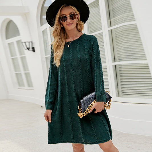 Fall Winter Color Long Sweater Dress Round Neck Twisted Loose a Line Knitted Dress