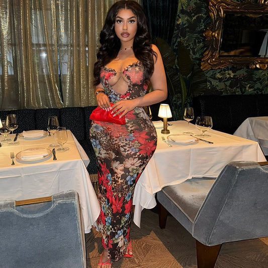 Clothing Printed Slim Fit Office Lady Sheath Dress Backless Hollow Out Cutout Out V Neck Maxi Dress