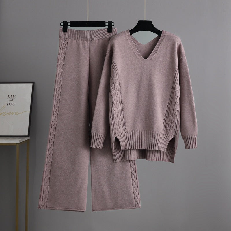 Knitted Wide Leg Pants Sweater Suit for Autumn Korean Loose Thick Twet