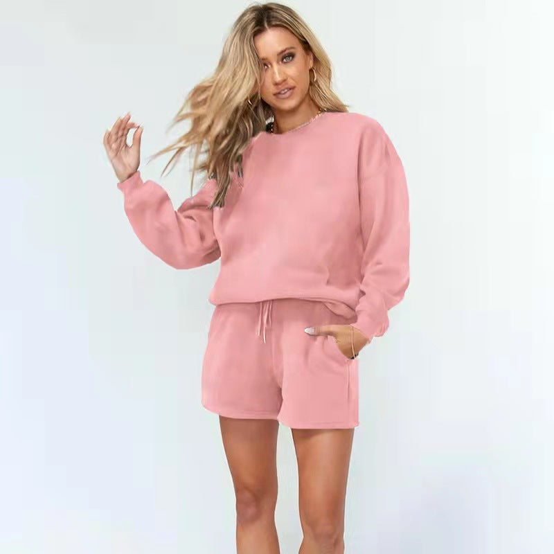 Color Rib Round-neck Clothing Brushed Hoody Side Pocket Shorts Suit
