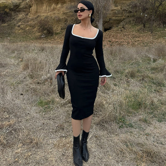 Clothing Winter Square Collar Contrast Color Knitted Midi Dress Bell Sleeve Sheath Dress
