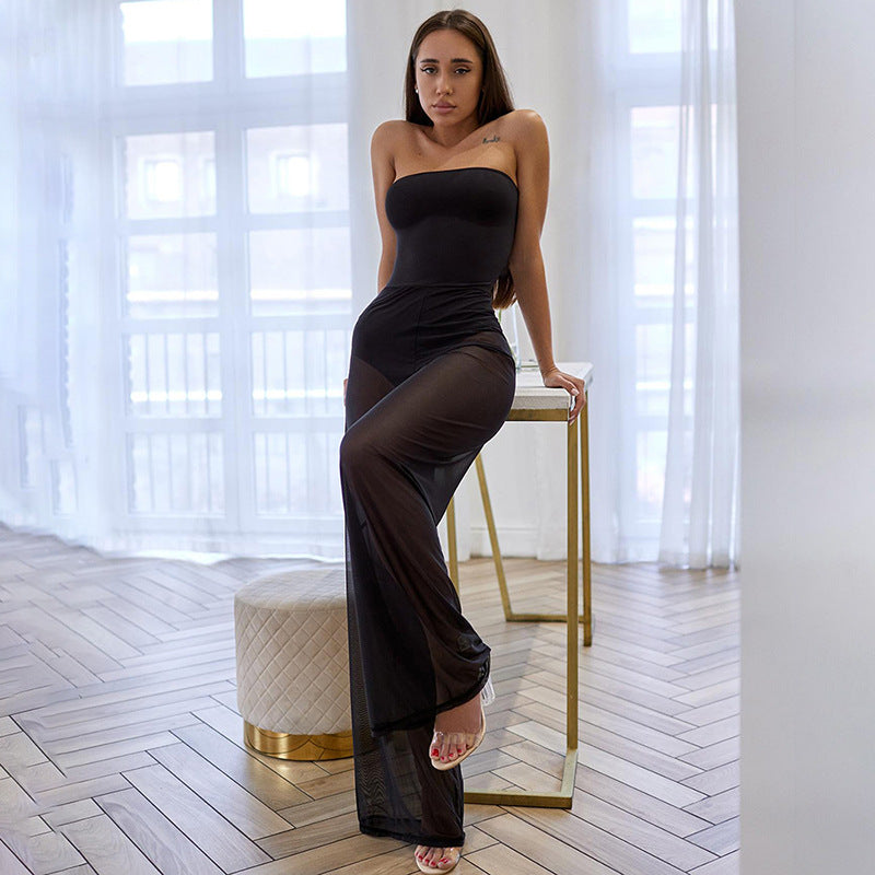 Clothing Autumn Winter Sleeveless Slim Fitting Patchwork See Through Jumpsuit