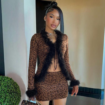 Furry Stitching Tied Cardigan Long Sleeved Top Leopard Print Skirt Set Two Piece Set