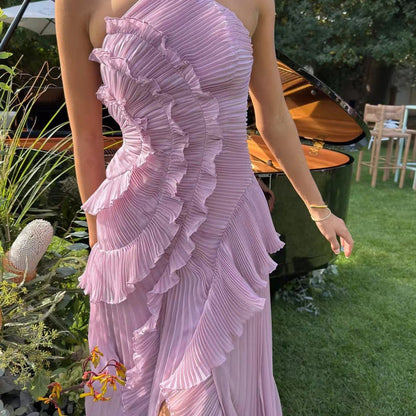 Halter Neck Pleated Maxi Dress High-quality Purple Vacation Dress