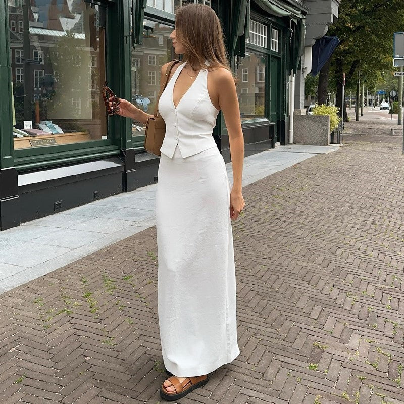 Fall Clothing Two Piece Suit V Neck Halter Strap Top Low Waist Slit Skirt