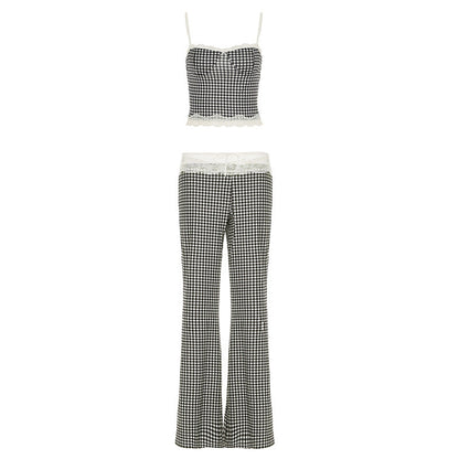 Spring Summer Clothing Plaid Stitching Lace Sling Bell Bottom Pants Street Two Piece Set