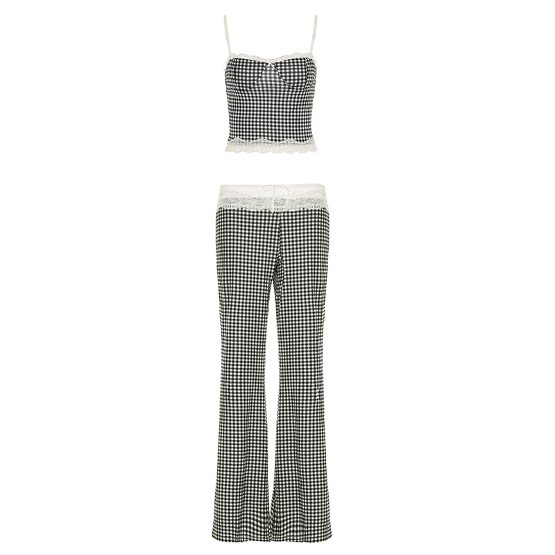 Spring Summer Clothing Plaid Stitching Lace Sling Bell Bottom Pants Street Two Piece Set