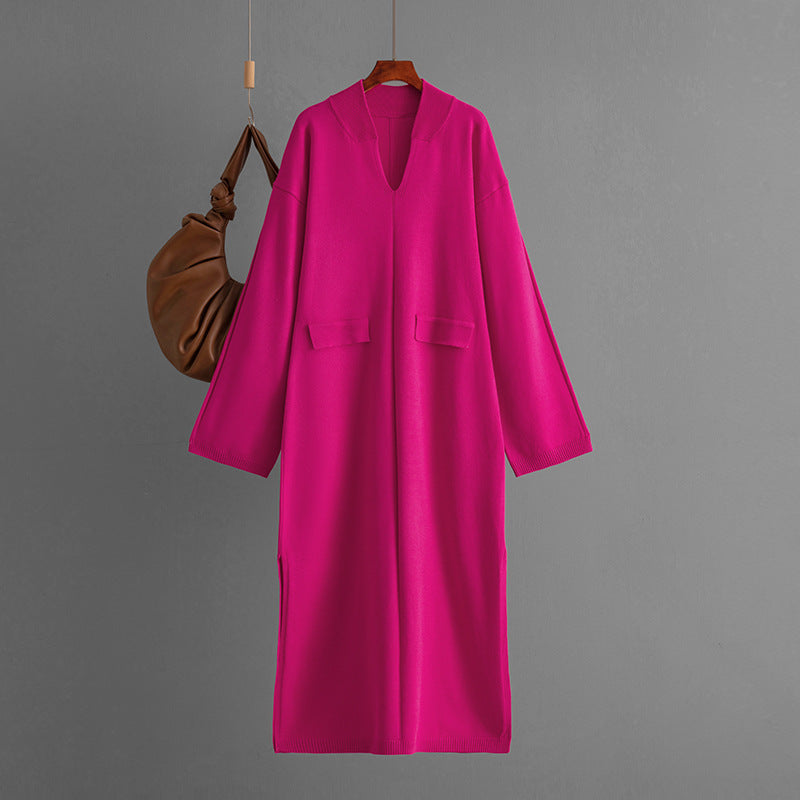 Autumn Winter V Neck Color Loose Knitted Dress Split Long Sleeve Long Dress