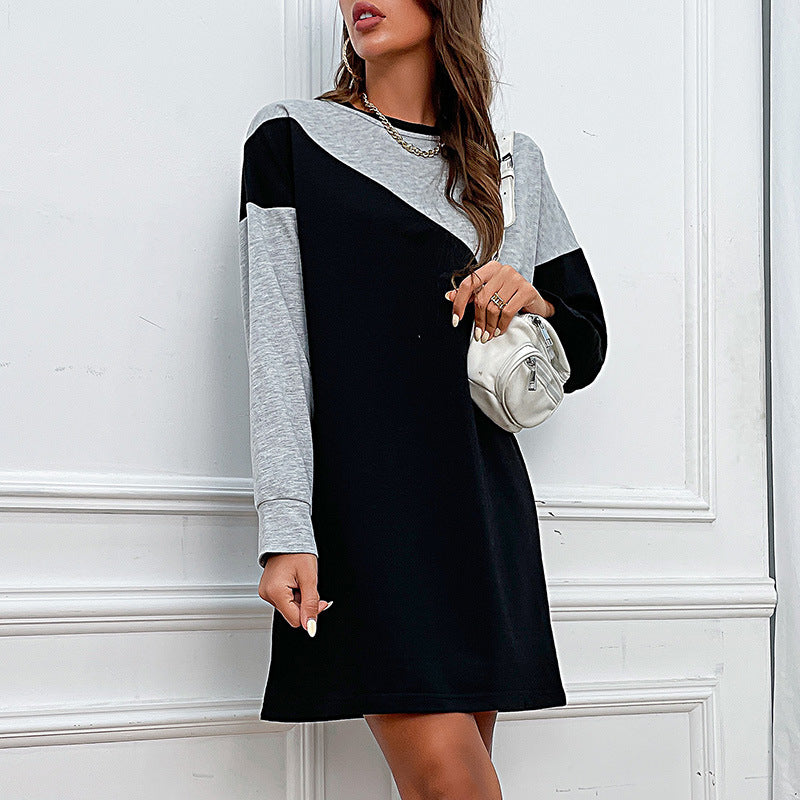 Contrast Color Loose Sweater Dress Long Sleeve Color Matching Fall Clothing Dress