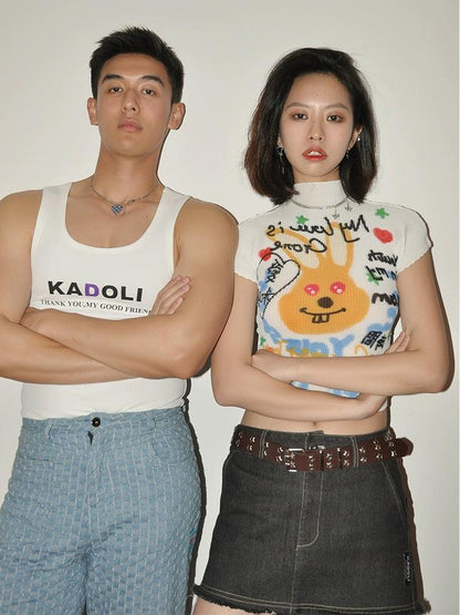 Graphic Print Cropped T-shirt With Abstract Art Design
