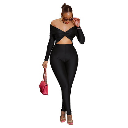 Clothing Collared Twist Hollow Out Cutout Cropped High Waist Long Sleeve Jumpsuit