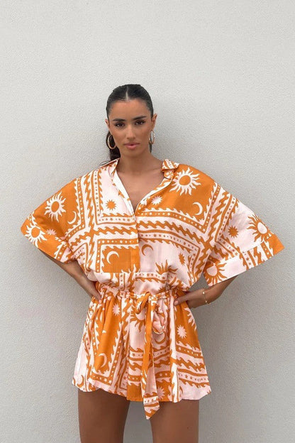 Summer Waist Controlled Lace Up Geometric Abstract Printed Jumpsuit Amplified Craft